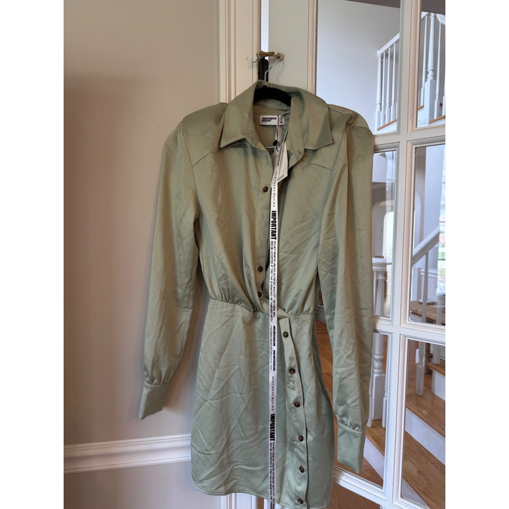 Mistress Rocks Sage Green Satin Long Sleeve Mini Dress XS New With Tags - Picture 7 of 8